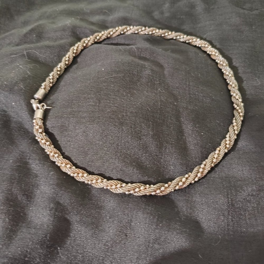 silver tone mesh rope and silver beaded twist necklace stunning, 18 in long